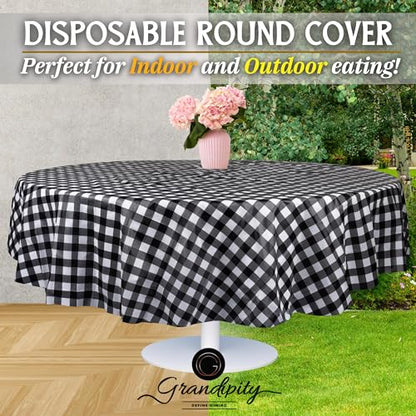 Grandipity Black Gingham Checkered Plastic Table Cloth Disposable (6 Pk) 84in Round Tablecloth Premium Party Table Cloths Disposable - Perfect Table Cloth Round Cover for Any Table Up to 6 Feet - color: Black Gingham, size: 84 inches Round