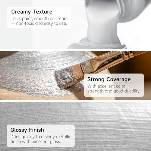 Shuttle Art Metallic Sliver Acrylic Paint, 8.45 oz (250 ml) Silver Leaf Paint With Brush, Non Toxic, Non Fading Silver Paint for Crafts, Metal, Wood, Clay, Ceramic, Canvas, Furniture - color: Silver, size: 8.45 Fl Oz (Pack of 1)