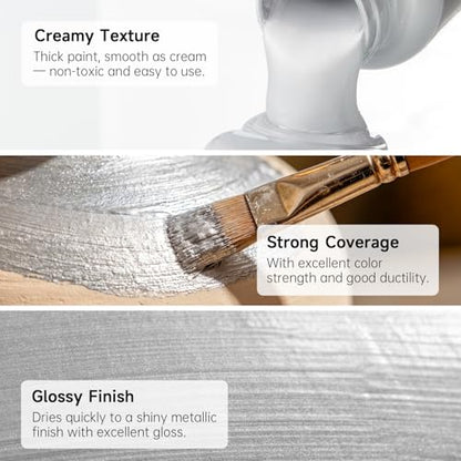 Shuttle Art Metallic Sliver Acrylic Paint, 8.45 oz (250 ml) Silver Leaf Paint With Brush, Non Toxic, Non Fading Silver Paint for Crafts, Metal, Wood, Clay, Ceramic, Canvas, Furniture - color: Silver, size: 8.45 Fl Oz (Pack of 1)