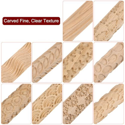 HARFINGTON 10pcs Wood Clay Roller Pattern Modeling 5.9" Beech Wood for Clay | Hand Rollers, Wooden Pottery Tools, Wood Grain Texture Rollers, Baking Playdough DIY