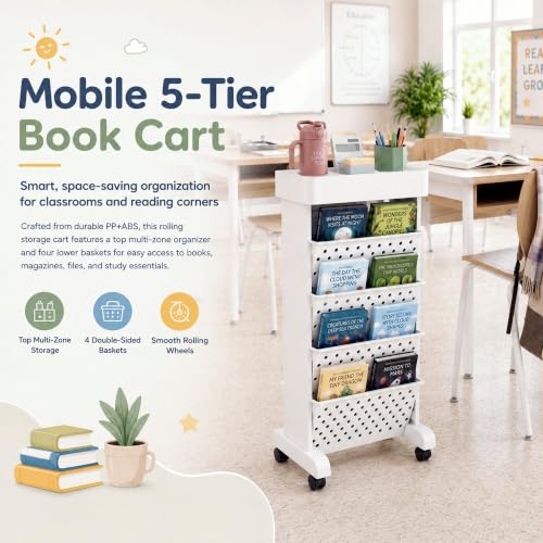 5-Tier Rolling Bookshelf Cart with Wheels, White - color: White, size: 5-Tier 26"H