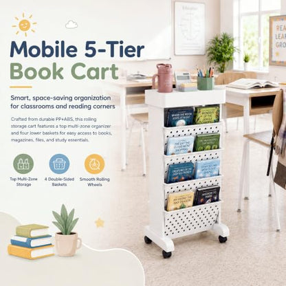 5-Tier Rolling Bookshelf Cart with Wheels, White - color: White, size: 5-Tier 26"H