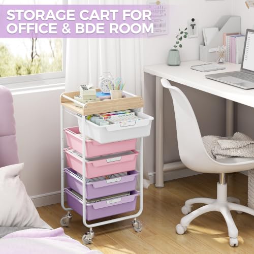 SYKIARIOL Utility Cart with 5 Labeling Drawers and Wooden Tabletop,Purple - color: Dreamy Color, size: 5-Drawer