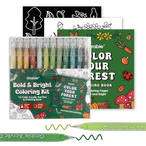 Grabie Acrylic Gel Pens Coloring Kit with Book, Pack of 12 Forest Colors | 1.0mm Medium Tip Gel Pens, Great for Adult Coloring & Journaling, Smooth Colors for Creative Art, Gift Set for Art Lovers - color: Forest Colors