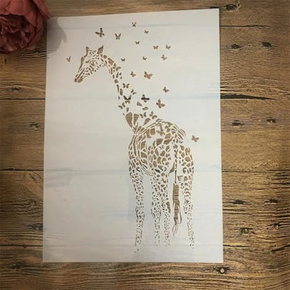 TIAMECH A4 Reusable Giraffe Stencil for Painting | Butterflies Layering Template, DIY Wall Art, Wood Furniture, Scrapbook & Crafts (8.3x11.7inch) - style: Giraffe Butterflies