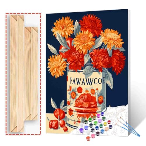 Tucocoo Orange and Red Flowers in a Tin Can Paint by Numbers Kits 16x20 inch Canvas DIY Oil Painting for Kids, Students, Adults Beginner with Brushes Acrylic Pigment Vintage Style Painting(DIY Frame) - color: Floral in Tin 02, size: 16''x20''(DIY Frame)