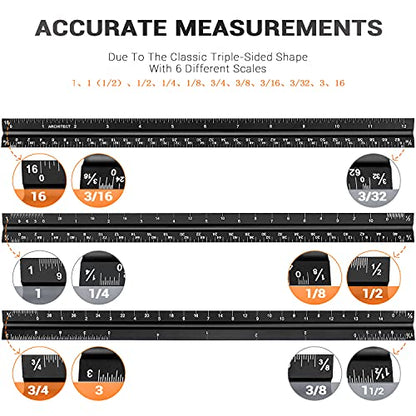 12" Architectural Scale Ruler Aluminum Architect Scale Ruler, Black | Triangular Scale Ruler for Architects, Draftsman, Students and Engineers - color: Black