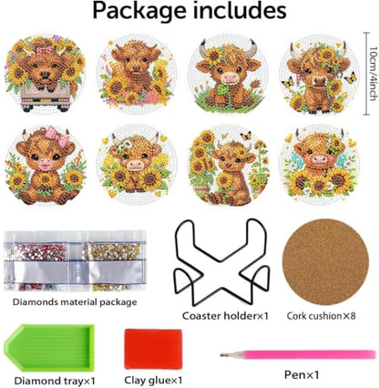 8 Pcs Cow Diamond Painting Coasters with Holder, Highland Cow Diamond Painting Kits, Cute Cow Diamond Art Coasters, 5D DIY Full Drill Diamond Dots, Diamond Art Kits for Adults Crafts Supplies - color: Bdwy152-us