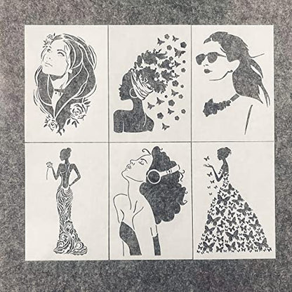 TIAMECH 6 Pcs A4 Reusable Girls Stencils for Painting | Butterflies Ladies & Beautiful Bride Layering Templates, DIY Wall Art, Wood Furniture, Scrapbook & Crafts (8.3x11.7inch) - style: Butterfly Girl