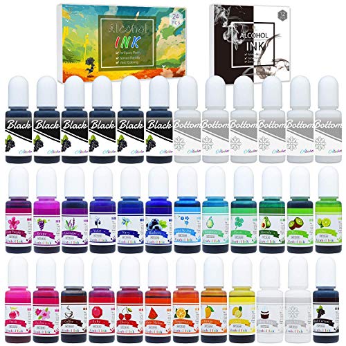 24 Alcohol Ink Set Plus 6 White & 6 Black Alcohol Inks - 36 Alcohol-Based Ink for Resin Petri Dish Making, Epoxy Resin Painting - Alcohol Color Dye for Resin Art, Tumbler Making - 0.35oz Each