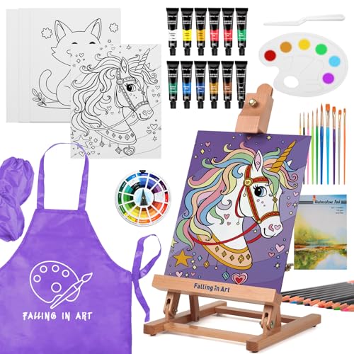 46 Pcs Kids Acrylic Painting Set with Table Easel, Purple | Art Painting Kit with Paints, Canvas, Paintbrushes, Canvas Supplies Kit for Kids, Adults, Beginners, and Artists - color: Purple
