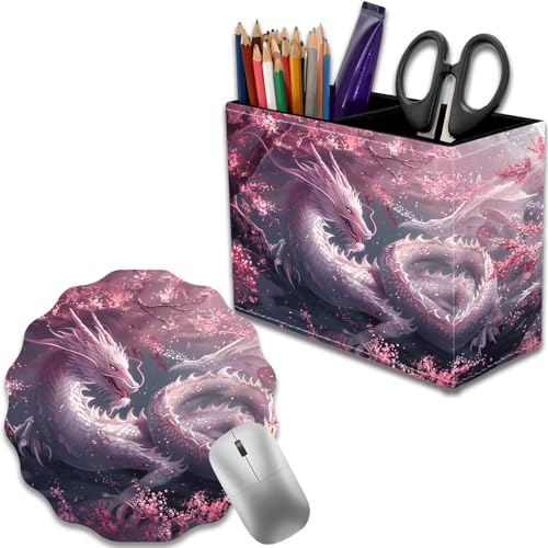 Pen Holder for Desk, PU Leather Multifunctional Desktop Storage Box and Anti-Slip Mouse Pad Set, Makeup Brush Holder Pen Organizer for Office and Home - Cherry Pink Dragon - color: Cherry Pink Dragon