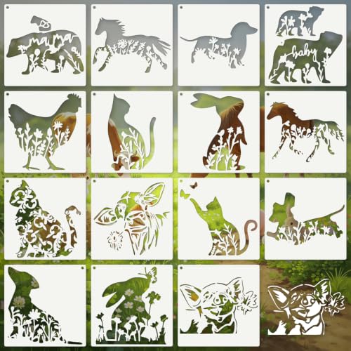 Animal Flower Stencils for Crafts Reusable 15Pcs Stencils(5.9X5.9 Inch) | DIY Art Painting Stencil Furniture Decor Kit for Wood Embroidery Wall Silk Screen Journaling - color: Animal 9