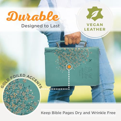 Christian Art Gifts Faux Leather Bible Cover for Women: Be Still and Know Teal Floral | Large, Handle, Sleeves, Storage Pockets, Pen Loops, Ribbon Bookmarks, Zipper, Bible Study Supplies - size: Large