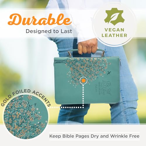 Christian Art Gifts Faux Leather Bible Cover: Be Still & Know Teal Floral | Psalm 46:10 Bible Verse, Handle, Sleeves, Pocket Storage, Pen Loops, Zipper, Encouragement Gifts for Women, Medium - size: Medium