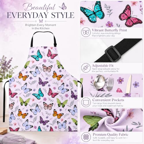 Butterflies Apron with 2 Pockets Adjustable Stain Resistant Kitchen Cooking Apron for Baking BBQ Grilling Grilling Painting Gardening - color: Butterflies