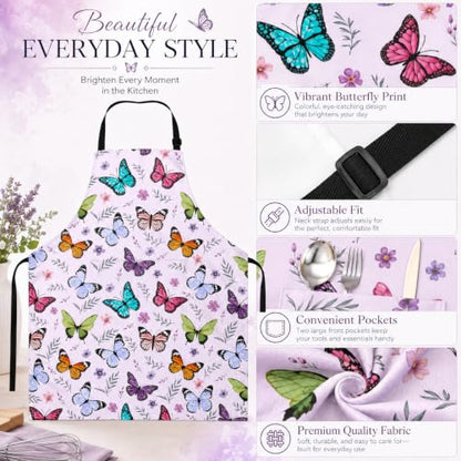 Butterflies Apron with 2 Pockets Adjustable Stain Resistant Kitchen Cooking Apron for Baking BBQ Grilling Grilling Painting Gardening - color: Butterflies