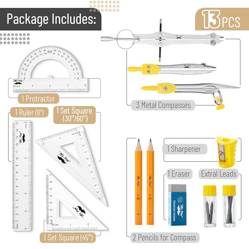 Mr. Pen- Geometry Set, 13 pcs, 3 Metal Compasses, Protractor, 6" Ruler | 45° & 30°/60° Set Squares, Pencils, Lead Refills, Sharpener & Eraser for Math, Drafting & Classroom Use | 45° & 30°/60° Set Squares, Pencils, Lead Refills, Sharpener & Eraser for Mat