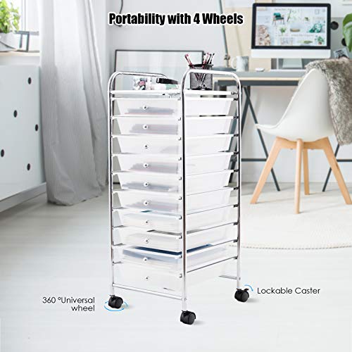 Happygrill 10-Drawer Storage Cart, Utility Cart with Removable Drawers & Metal Frame, Rolling Storage Cart with Lockable Wheels for Home, Office, Clear - color: Clear