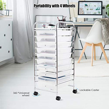 Happygrill 10-Drawer Storage Cart, Utility Cart with Removable Drawers & Metal Frame, Rolling Storage Cart with Lockable Wheels for Home, Office, Clear - color: Clear