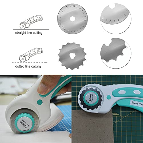 Headley Tools 45mm Rotary Cutter with 9pcs Extra Rotary Blades, Ergonomic Rolling Cutter with Safety Lock for Fabric, Sewing, Quilting, Cloth, Paper, Leather, Crafting, Fabric Rotary Cutter (Cyan) - color: Cyan, size: 45mm