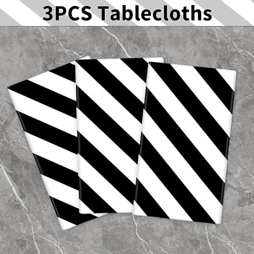 3 Pack Black and White Stripes Round Tablecloth Stripe Outdoor Table Cover Round Table Cover Plastic Table Cloth 84 in Round for Kitchen Dining Wedding Party