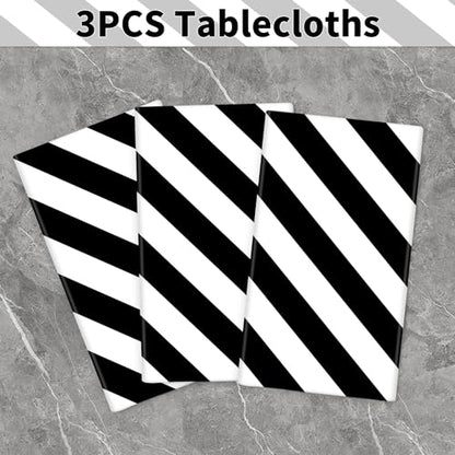 3 Pack Black and White Stripes Round Tablecloth Stripe Outdoor Table Cover Round Table Cover Plastic Table Cloth 84 in Round for Kitchen Dining Wedding Party