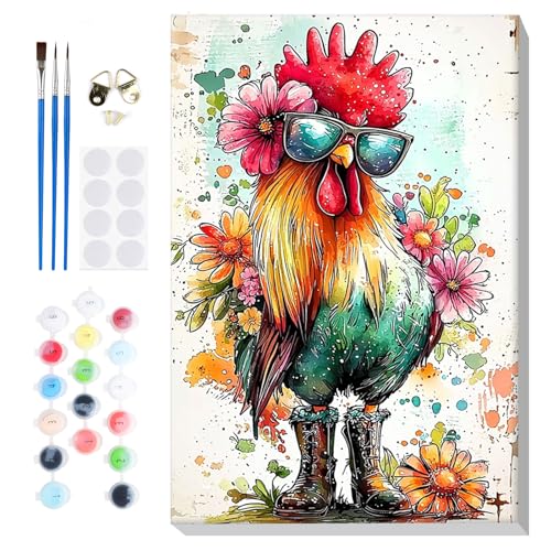 Bowetile Framed Paint by Numbers Chicken for Adults Beginners, Adults' Paint-by-Number Rooster Kits, Easy Adult Paint by Number Kits on Canvas, Acrylic Animals Number Painting for Home Decor, 8x12in - color: Rooster