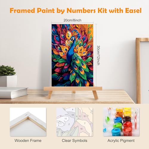 MOGTAA Peacock Paint by Numbers Kit for Adults Beginners with Frame, Peacock Adult Paint by Number Kits on Canvas with Easel, Easy DIY Animal Oil Painting Kits for Home Decor, 8x12in - color: Peacock