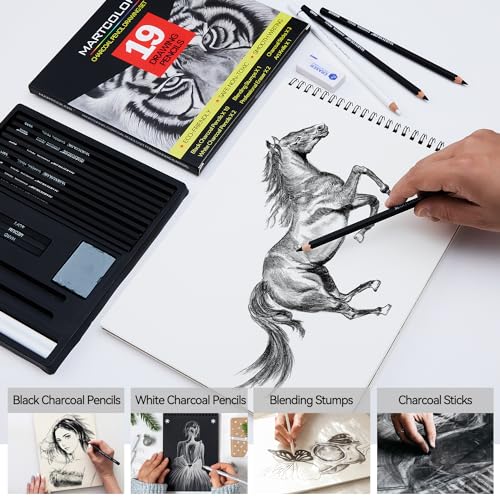 MARTCOLOR Charcoal Drawing Set, 19 Pieces, Black & White Charcoal Pencils and 5.5X8.5” Premium Sketch Book Set, 1 Pack, 100 Sheets(68 lb/100gsm) Sketchbook