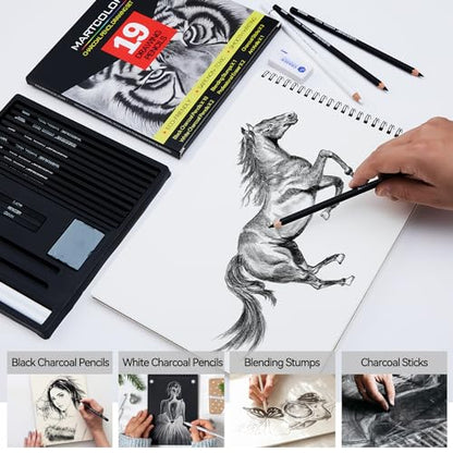 MARTCOLOR Charcoal Drawing Set, 19 Pieces, Black & White Charcoal Pencils and 5.5X8.5” Premium Sketch Book Set, 1 Pack, 100 Sheets(68 lb/100gsm) Sketchbook