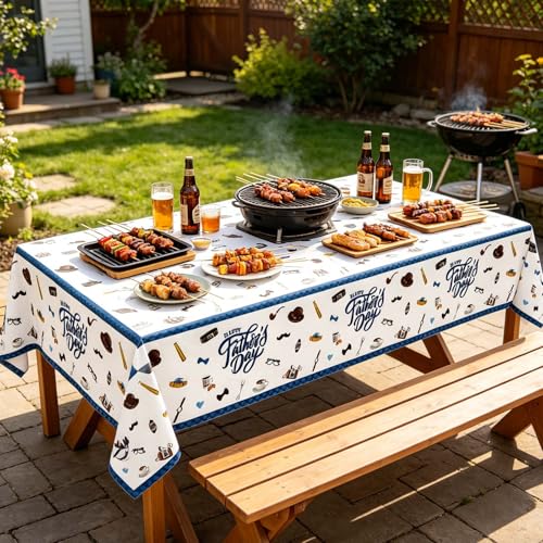 Qpout 3 Pack Happy Father's Day Tablecloths, Waterproof Plastic Disposable Rectangle Blue Table Cover for Dad's Party Decorations, 108 x 54 Inch