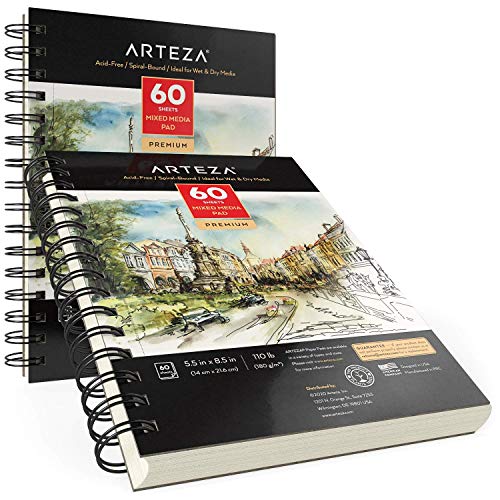 ARTEZA Mixed Media Sketchbook, 5.5 x 8.5 Inches, Pack of 1, 60 Sheets, Micro-Perforated Spiral-Bound Paper Pad for Wet and Dry Media - size: 5.5"x8.5" (Pack of 1)
