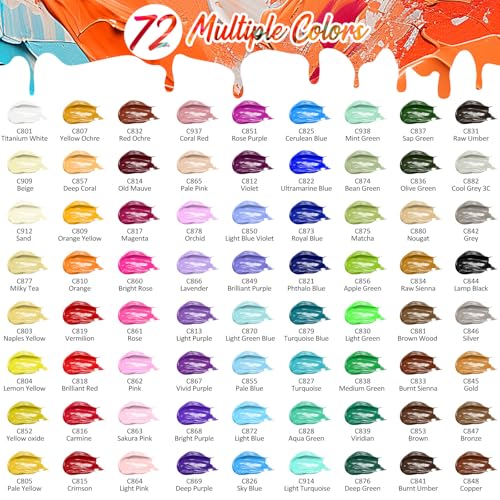 Caliart 72 Colors Acrylic Paint Set with 12 Brushes | Craft Painting kit for Adults Artists Beginners, Rich Pigment Non-toxic, Canvas Wood Rock Pumpkin Ceramic Art Supplies Paint - color: Regular, size: 2 Fl Oz (Pack of 72)