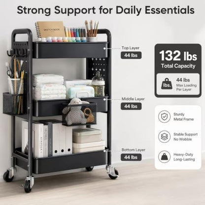 3 Tier Black Rolling Storage Cart Metal with DIY Pegboard and Wheels | Three Tiered Art Supply Organizer Cart, Utility Hobby Carts for Craft, Snack, Diaper Caddy, Nail, Baby Essentials, Snack - color: Black