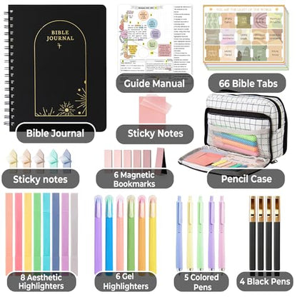 Dashspark Bible Study Kit - Bible Journaling Supplies Kit for Women - Christian Gifts for Women - Highlighters and Pens with Aesthetic Bibles Journal Notebook - Bibles Accessories Annotation Kits - color: Black