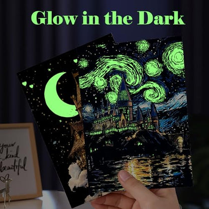 Glow in The Dark Scratch Art Kit - 8 Sheet Rainbow Scratchboards(A5) | Creative Engraving Craft Supplies for Teens & Adults | DIY Projects & Sketching Activity | ASMR Stress-Relieving(Castles/Animals) - color: Castles/Animals