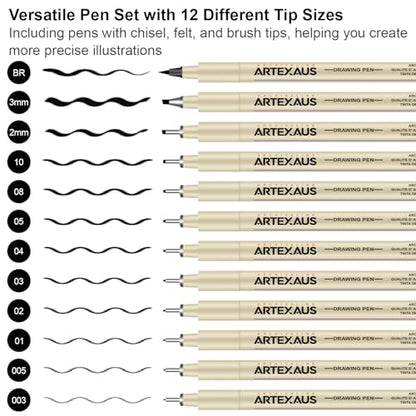 Micro Fineliner Drawing Art Pens, 12 Assorted Sizes, Waterproof Archival Ink, Art Supplies for Adults Sketching, Calligraphy, Technical Illustrators.