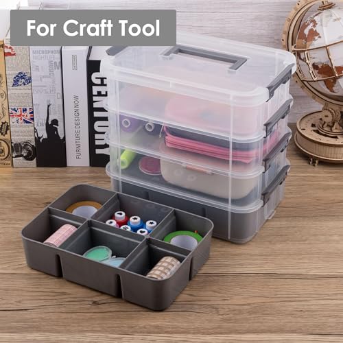 CraftGenes Craft Organizers and Storage, 4-Tier 10 Qt Box, 2 Trays, Grey | Clear Compartments; Dual Removable Inserts; Carry Handle; Side Latches; Beads, Ribbon, Stamps, Scrapbook Pieces, DIY Tools - color: Grey