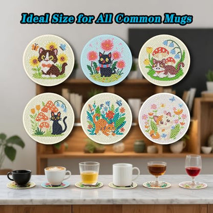 Zynlio Cat Diamond Paintings Coasters Kits Set with Holder,Animal Diamond Art, DIY Diamond Crafts Coasters for Adults, Diamond Art Painting Kits for Women, Beginners, Diamond Craft Supplies - color: Cat