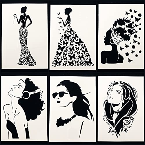 TIAMECH 6 Pcs A4 Reusable Girls Stencils for Painting | Butterflies Ladies & Beautiful Bride Layering Templates, DIY Wall Art, Wood Furniture, Scrapbook & Crafts (8.3x11.7inch) - style: Butterfly Girl