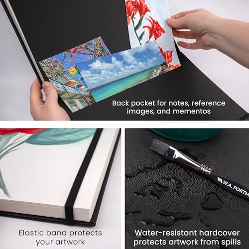 WA Portman 11.3" x 8.3" Hot Press Watercolor Paper Block A4, 300GSM Art Pad | A4 Hot Pressed Watercolor Paper Block, 100% Cotton with Waterproof Cover, 140Lb 60 Pages (30 Sheets) Elastic Band Closure Pad