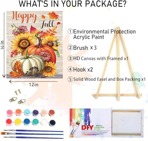 Fall Paint by Numbers for Adults with Framed Canvas-with Wooden Easel,Pumpkin Paint by Number on Canvas ,DIY Acrylic Oil Painting Kits with Brushes Nice Gift Box for Home Wall Decor(12x16 Inch) - color: MT10429-Framed