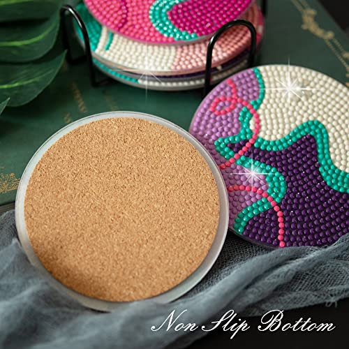 Temlum 6pcs Diamond Art Coasters Kits for Adults with Holder, Lines - color: Abstract Line Coasters With Holder