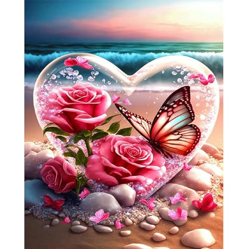 Artunion Beach Seaside Paint by Numbers for Adults Beginner, Rose Flowers Heart Paint by Number Kits, DIY Oil Painting Paint by Number Kits on Canvas Arts Craft for Home Wall Decor 16x20 Inch - color: Heart Beach Seaside