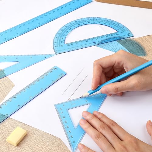 Zonon 7‑Piece Geometry Set with Drawing Compass, 6 & 4 Inch Protractors, Triangle Rulers and Straight Rulers, Transparent Math Drafting Supplies for Back to School, Students and Office Use(Blue) - color: Blue