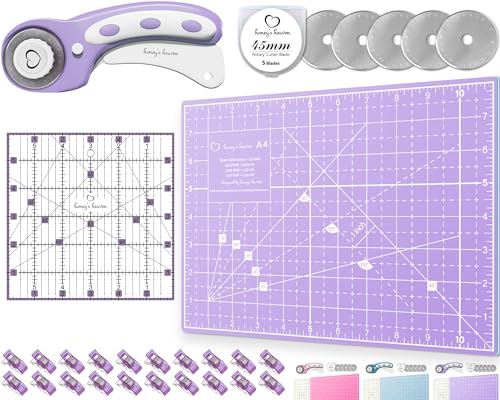 Honey's Heaven Rotary Cutter Set - 45mm Fabric Cutter, 5 Replacement Blades, A4 Cutting Mat, Acrylic Ruler and Craft Clips - Ideal for Crafting, Sewing, Patchworking, Crochet & Knitting - color: Lavender, size: A4 (11" x 8")