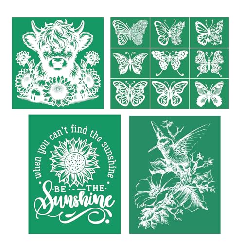 4PCS Sunshine Self-Adhesive Silk Screen Stencils,Inspiration Screen Printing Stencils for Craft Chalk Stencil Transfers Reusable Stencils for Painting on Wood T-Shirt Fabric Xmas Sign - color: 4PCS Sunflower cow