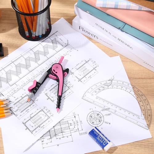 EBOOT Student Geometry Math Set, Drawing Compass and 6 Inch Clear Swing Arm Protractors 180 Degree Math Protractor(Pink) - color: Pink