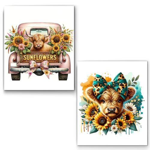 XUNLURY Highland Cow Sunflower Diamond Art Kits 2 Pcs, Rustic Floral Truck Highland Cow Diamond Painting Kits for Kids Adults Beginners, Full Drill Diamonds Dots for Home Decor, 9.8x11.8 Inch - color: color_12, size: 10 x 11.8 inches